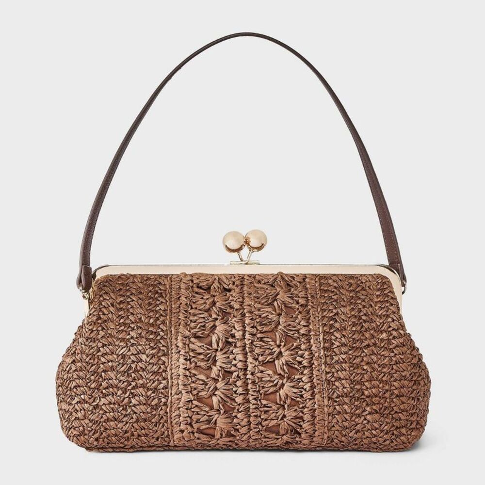 Straw Kiss Lock Clutch Bag - A New Day Natural Brown